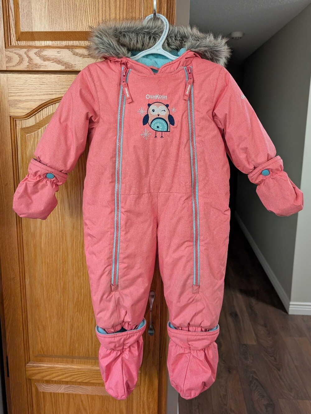 OshKosh B'gosh Coral-Pink Insulated One-Piece Snowsuit with Penguin Patch 6/9mth